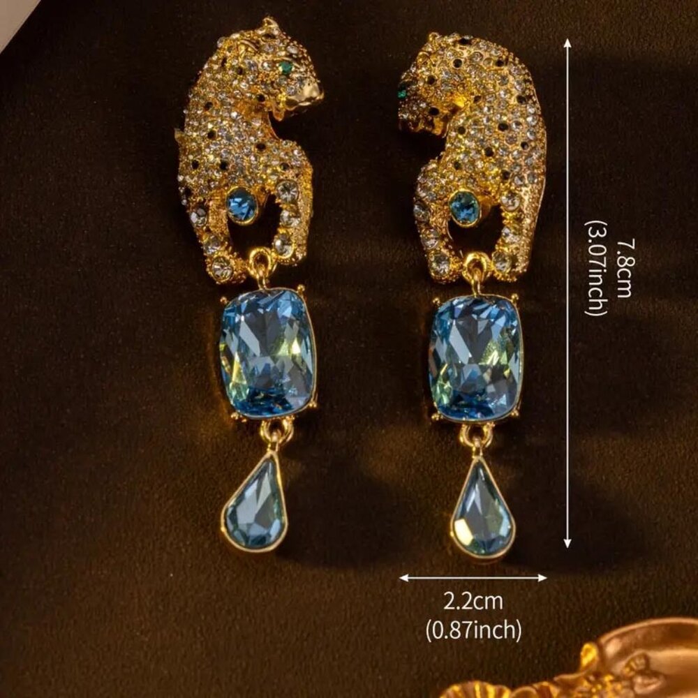 CRYSTAL COVERED JAGUAR, PANTHER, LEOPARD HUGE FAUX SAPPHIRE DANGLE EARRINGS 15 - Picture 2 of 2